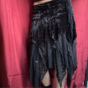 Vintage black gothic layered crushed velvet lace and chiffon asymmetrical skirt